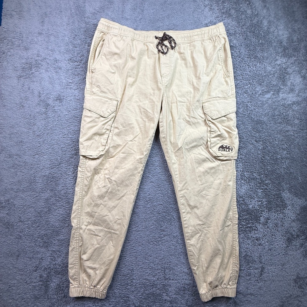 Hurley Mens Cargo Joggers Ripstop Beige NWOT L Drawstring Waist Tapered Leg
